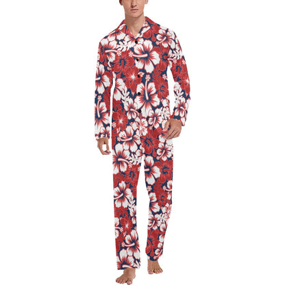 Red Hibiscus Pattern Print Design HB01 Men's Long Pajama Set