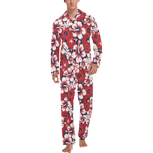 Red Hibiscus Pattern Print Design HB01 Men's Long Pajama Set