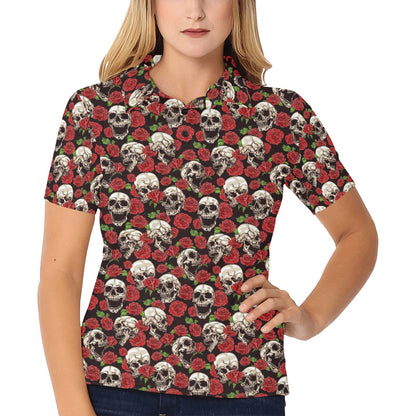 Skull Roses Design Themed Print Women's Polo Shirt