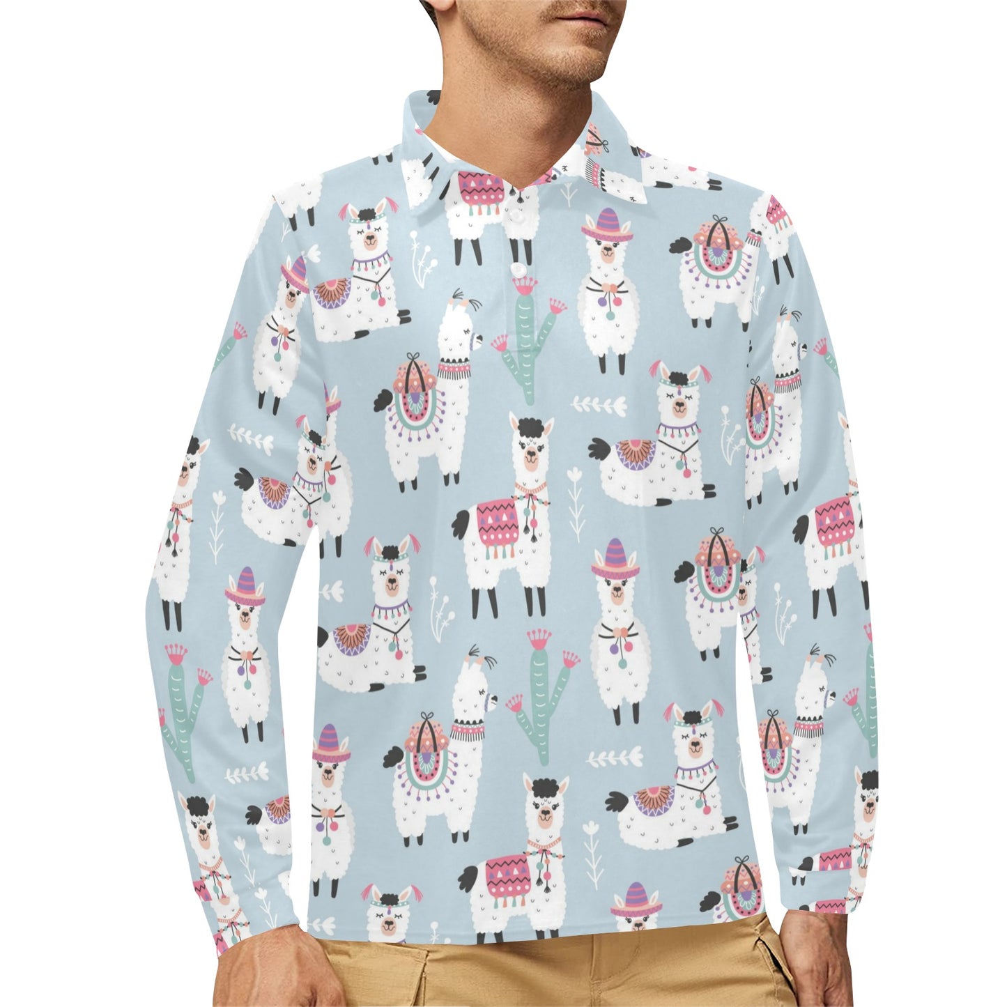 Llama Pattern Print Design 04 Long Sleeve Polo Shirt For Men's