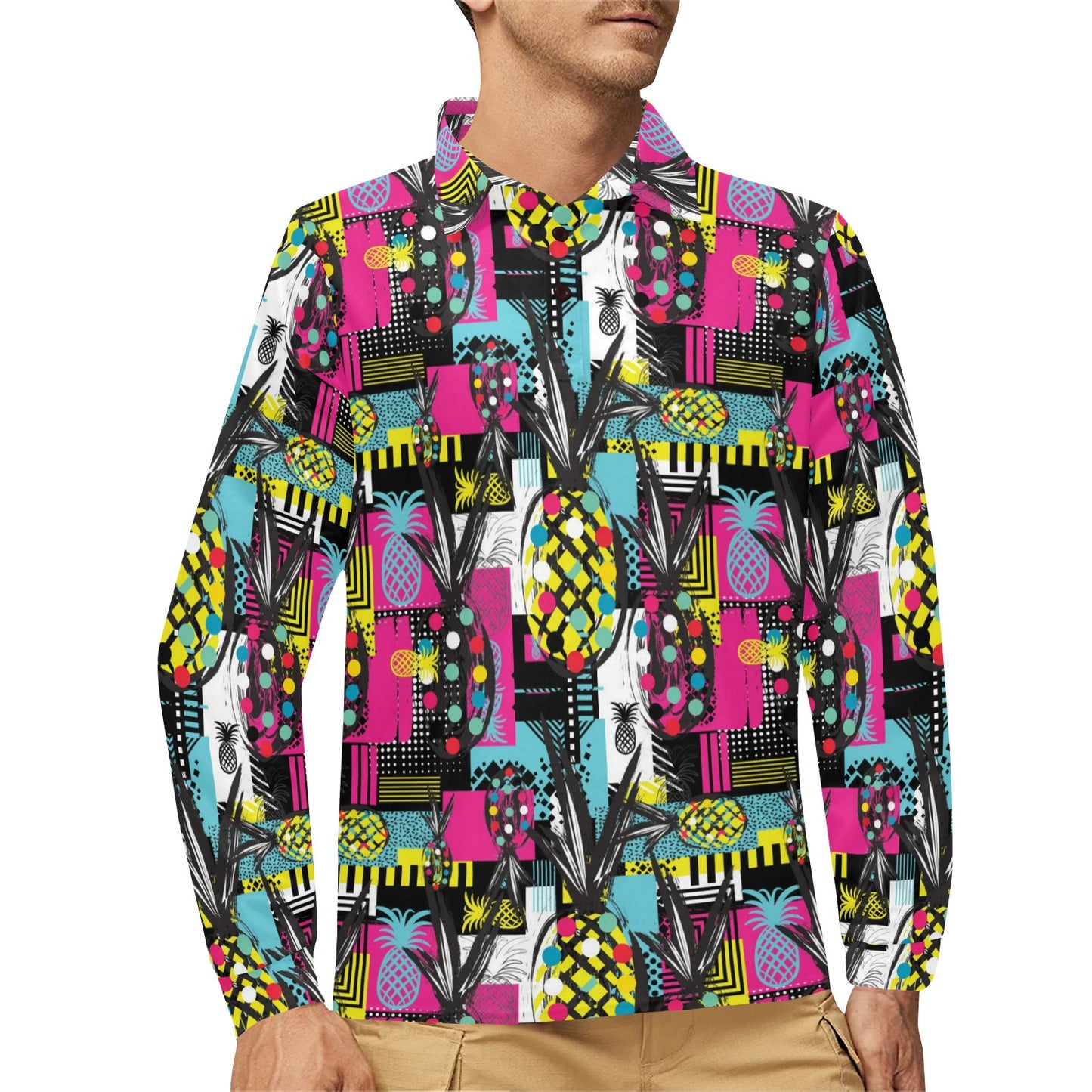 Pop Art Pineapple Pattern Print Design A02 Long Sleeve Polo Shirt For Men's
