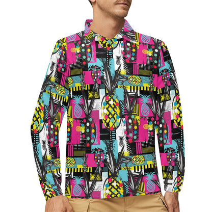 Pop Art Pineapple Pattern Print Design A02 Long Sleeve Polo Shirt For Men's