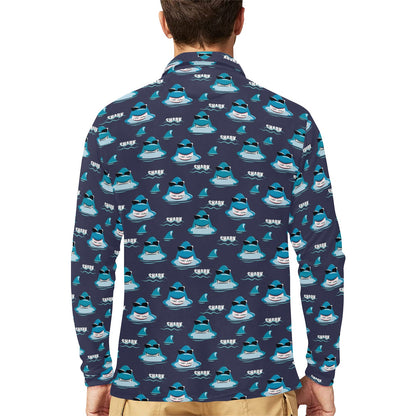 Shark Print Design LKS309 Long Sleeve Polo Shirt For Men's