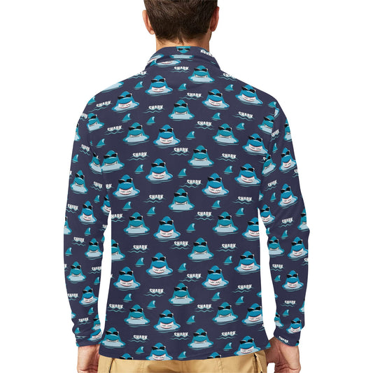 Shark Print Design LKS309 Long Sleeve Polo Shirt For Men's