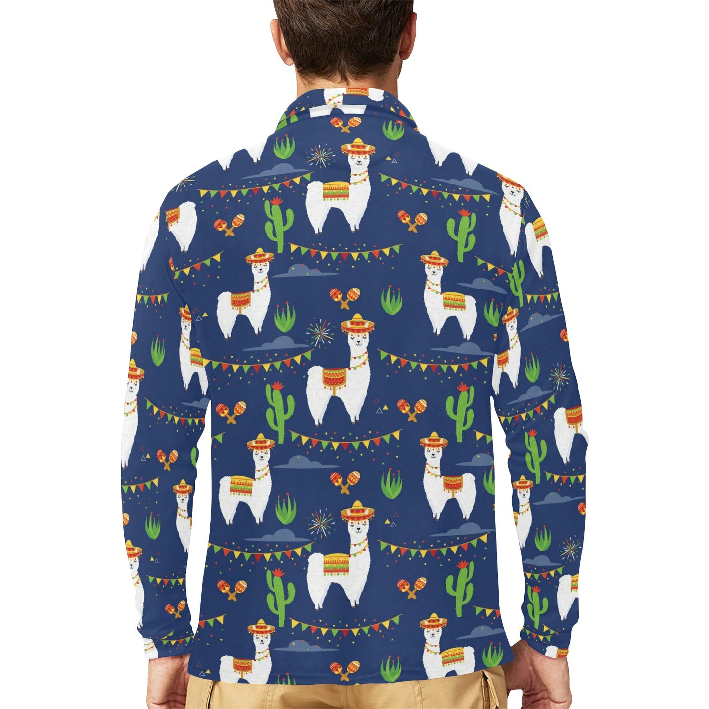 Llama Cactus Pattern Print Design 05 Long Sleeve Polo Shirt For Men's