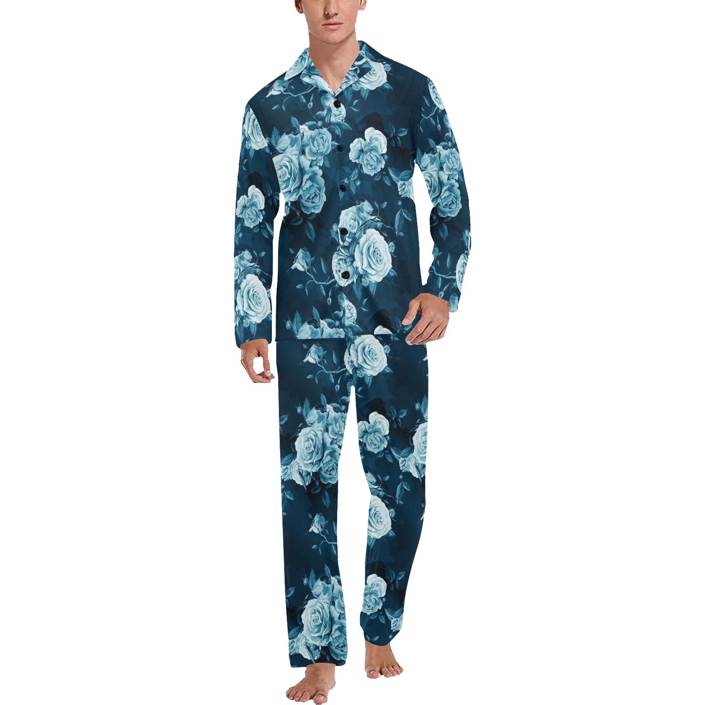Rose Blue Pattern Print Design RO014 Men's Long Pajama Set