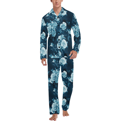 Rose Blue Pattern Print Design RO014 Men's Long Pajama Set