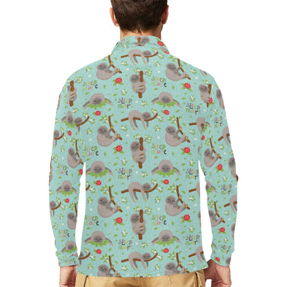 Sloth Print Design LKS305 Long Sleeve Polo Shirt For Men's