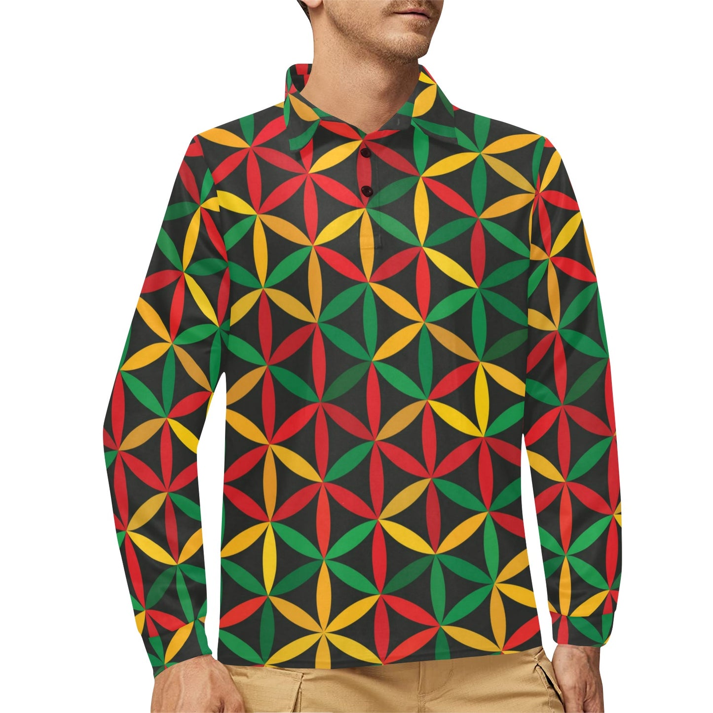 Rasta Pattern Print Design A04 Long Sleeve Polo Shirt For Men's