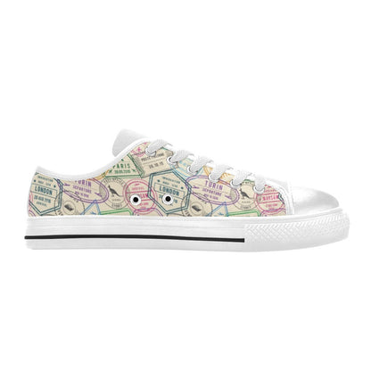 Travel Stamp Print Design LKS303 Women's White Low Top Shoes