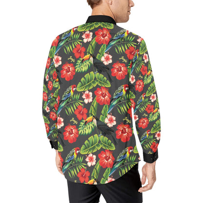 Hibiscus Red With Parrotprint Design LKS303 Men's Long Sleeve Dress Shirt