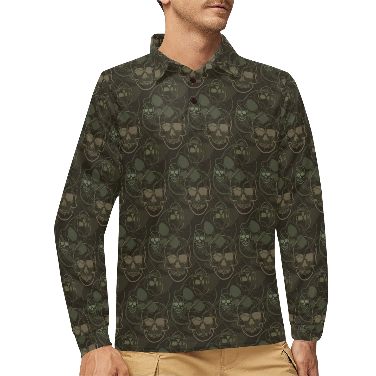 Skull Camo Style Print Design LKS308 Long Sleeve Polo Shirt For Men's