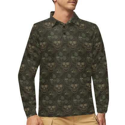 Skull Camo Style Print Design LKS308 Long Sleeve Polo Shirt For Men's