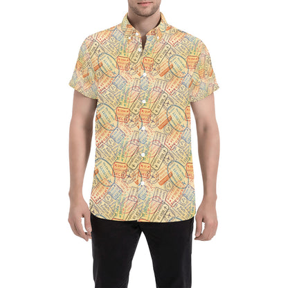 Travel Stamp Print Design LKS302 Men Short Sleeve Button Up Shirt