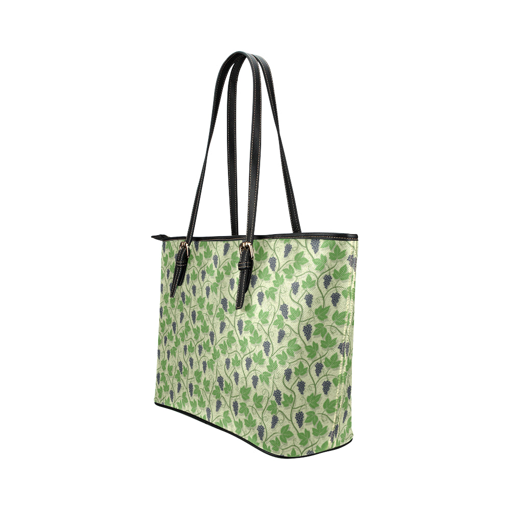 Wine Grape Thmed Print Leather Tote Bag