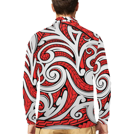 Maori Polynesian Themed Design Print Long Sleeve Polo Shirt For Men's