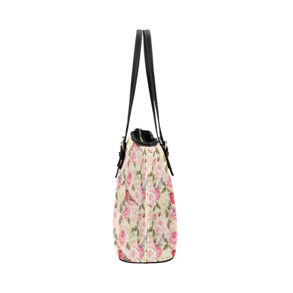 Bird Butterfly Pink Flower Print Pattern Leather Tote Bag