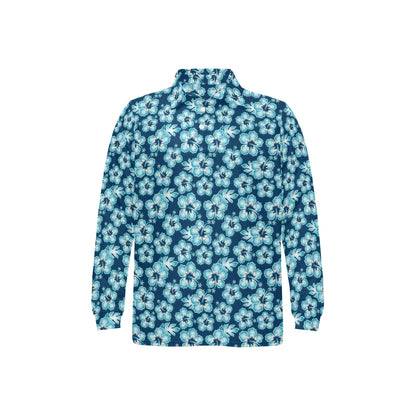 Hibiscus Flower Hawaiian Themed Long Sleeve Polo Shirt For Men's