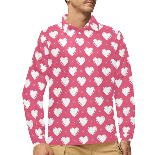 Heart Pattern Print Design HE07 Long Sleeve Polo Shirt For Men's