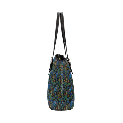 Peacock Themed Design Print Leather Tote Bag