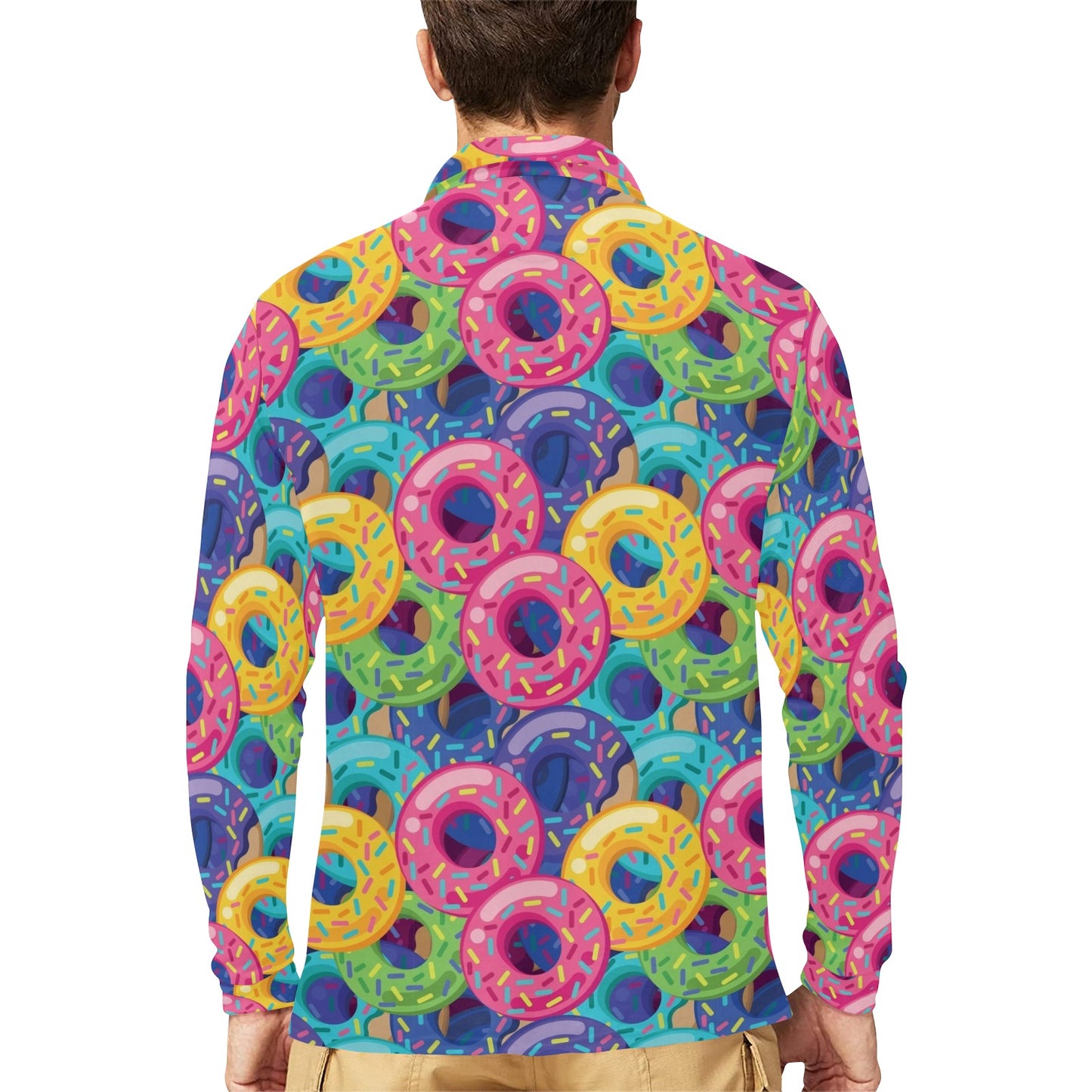 Donut Pattern Print Design DN010 Long Sleeve Polo Shirt For Men's