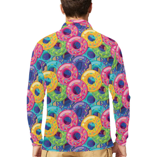 Donut Pattern Print Design DN010 Long Sleeve Polo Shirt For Men's
