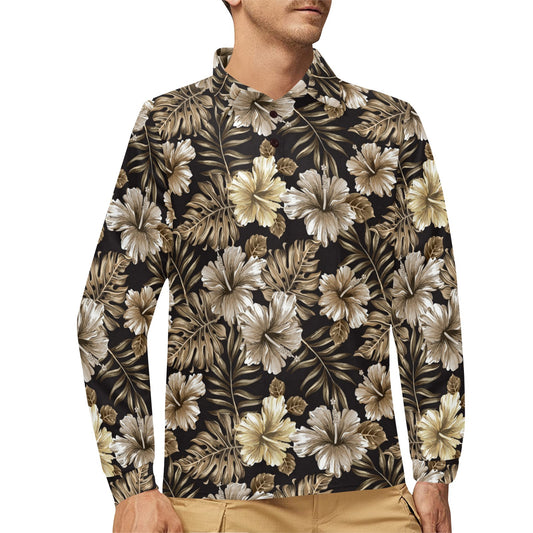Brown Hibiscus Tropical Long Sleeve Polo Shirt For Men's