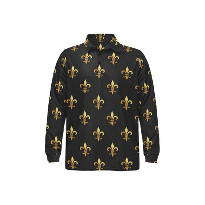 Fleur De Lis Gold Pattern Print Design 03 Long Sleeve Polo Shirt For Men's