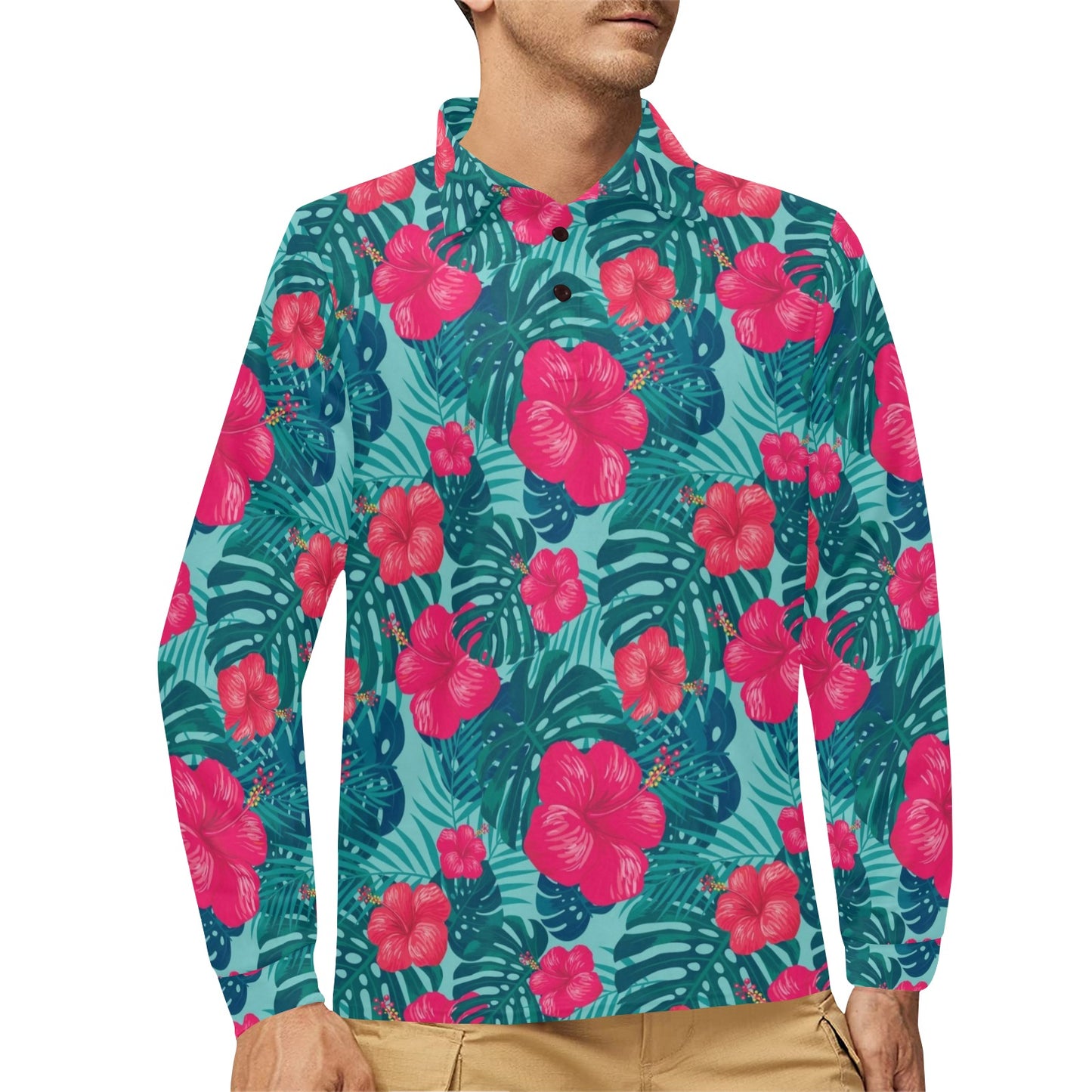 Red Hibiscus Pattern Print Design HB017 Long Sleeve Polo Shirt For Men's