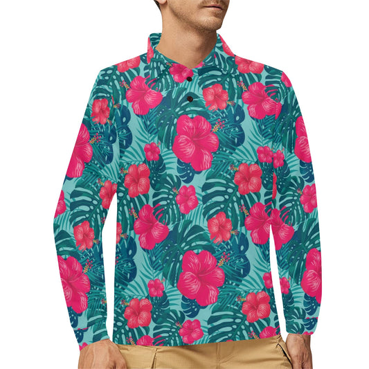 Red Hibiscus Pattern Print Design HB017 Long Sleeve Polo Shirt For Men's