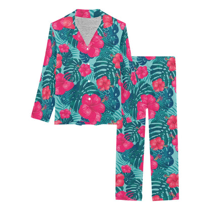 Red Hibiscus Pattern Print Design HB017 Women's Long Pajama Set