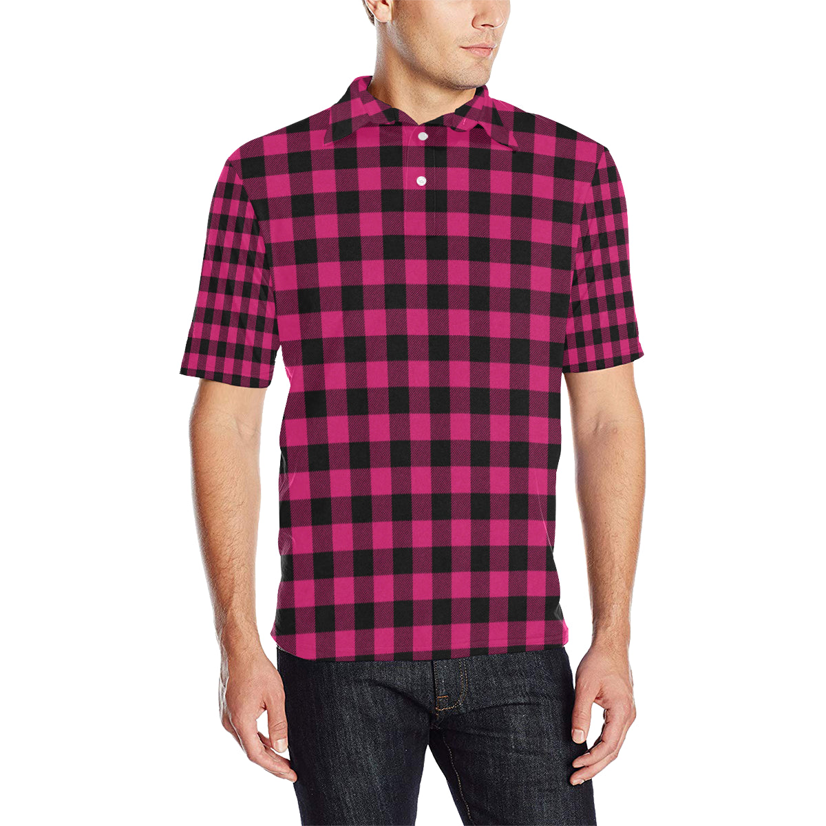 Pink Tartan Plaid Pattern Men Polo Shirt