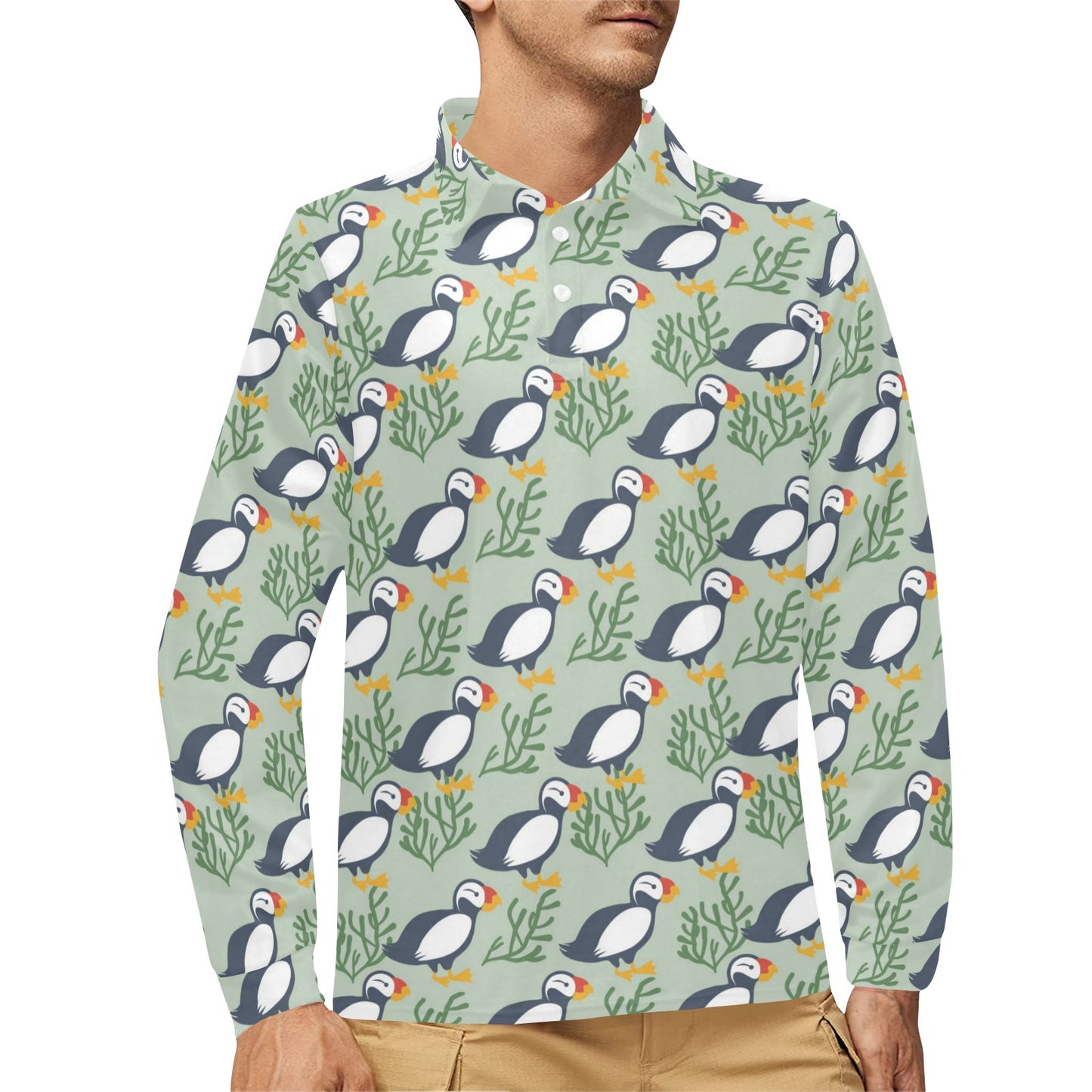 Puffin Pattern Print Design A04 Long Sleeve Polo Shirt For Men's