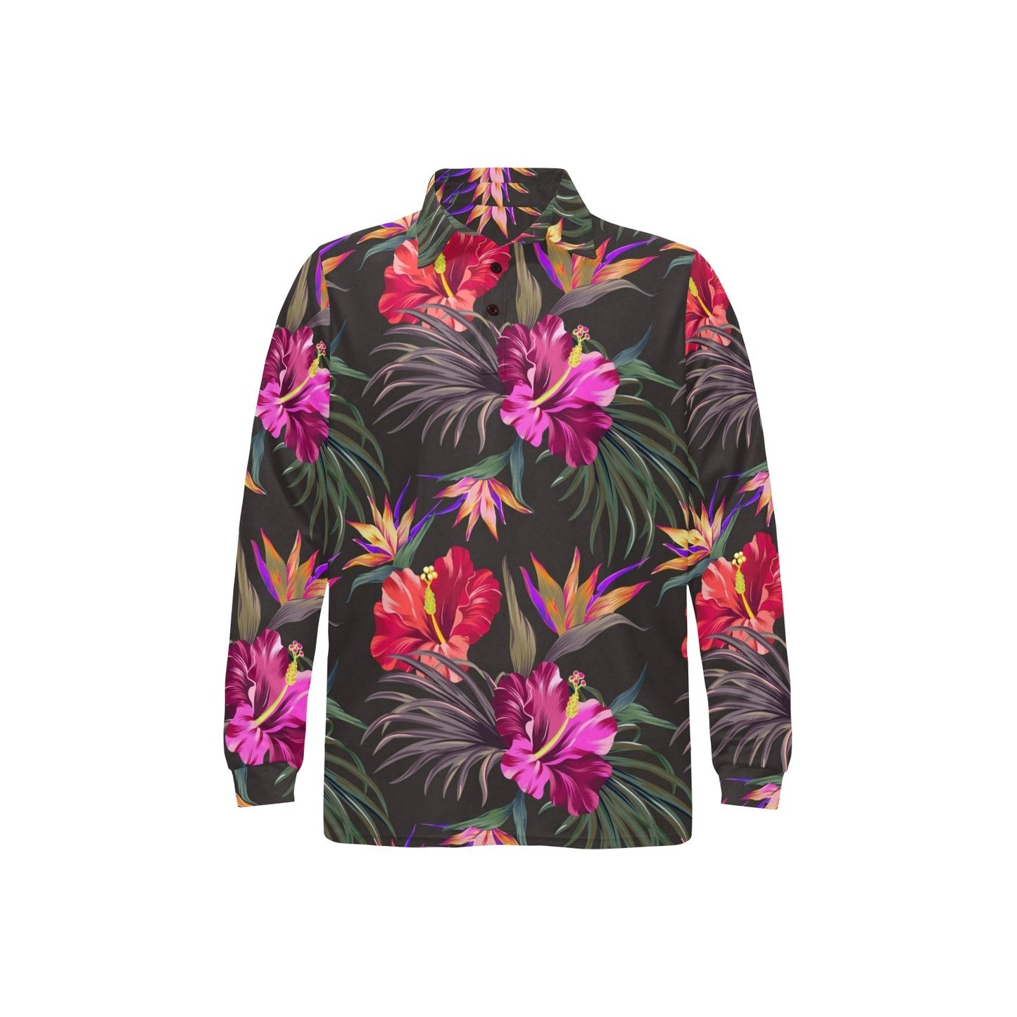 Hibiscus Pattern Print Design HB014 Long Sleeve Polo Shirt For Men's