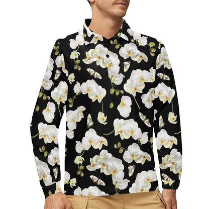 Orchid White Pattern Print Design OR011 Long Sleeve Polo Shirt For Men's