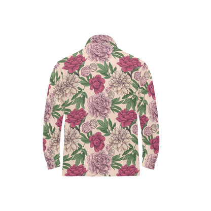 Peony Pattern Print Design A01 Long Sleeve Polo Shirt For Men's