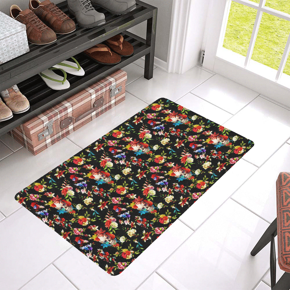 Skull Roses Flower Design Themed Print Rubber Doormat
