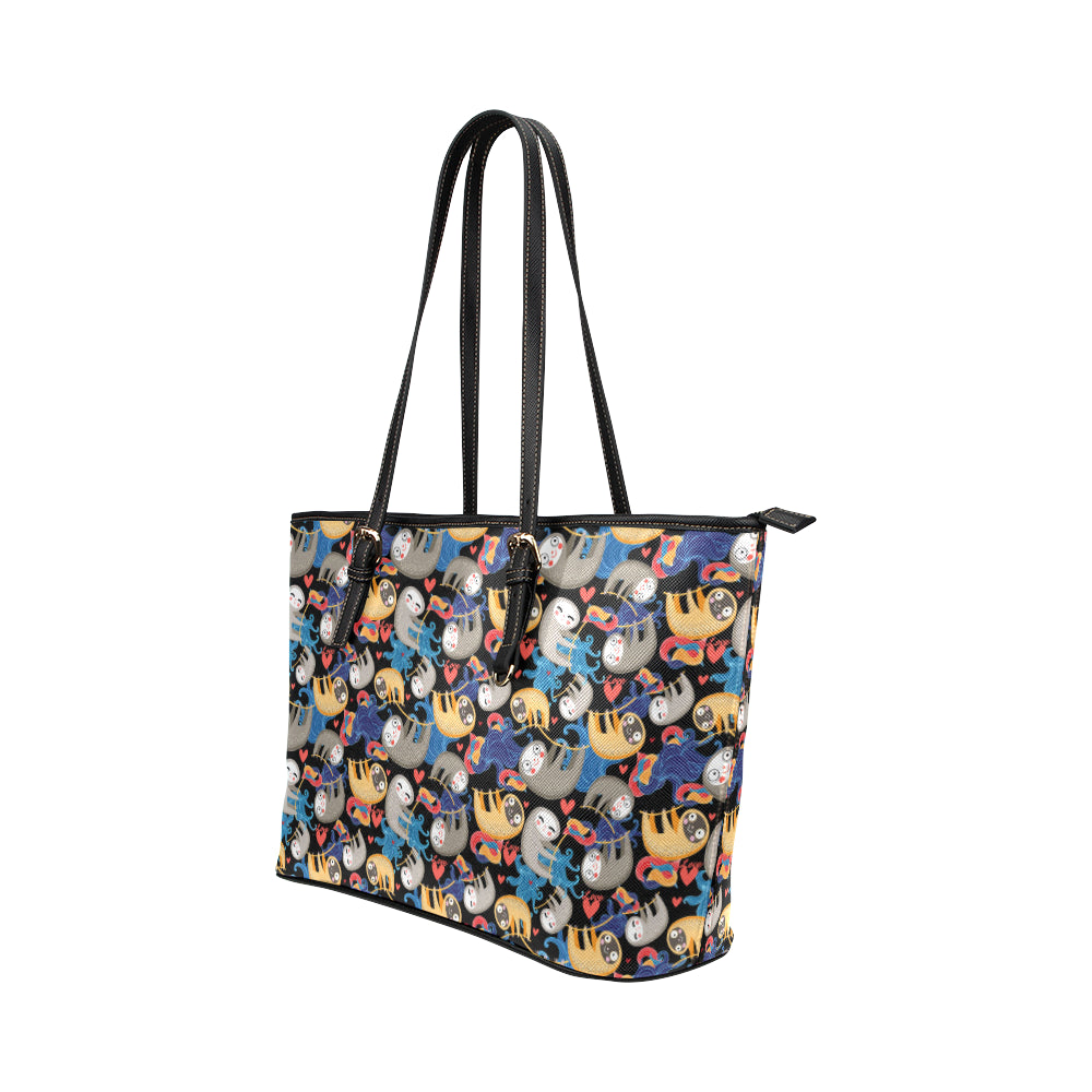 Sloth Cartoon Design Themed Print Leather Tote Bag