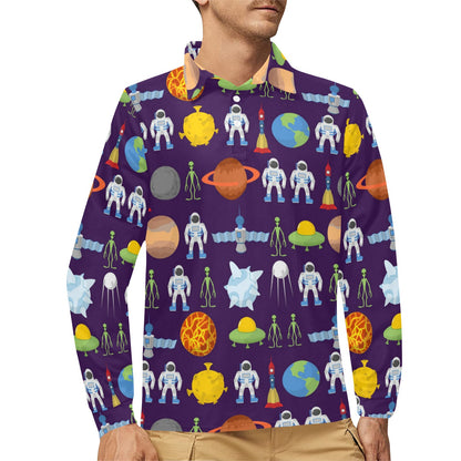 Alien Astronaut Planet Long Sleeve Polo Shirt For Men's