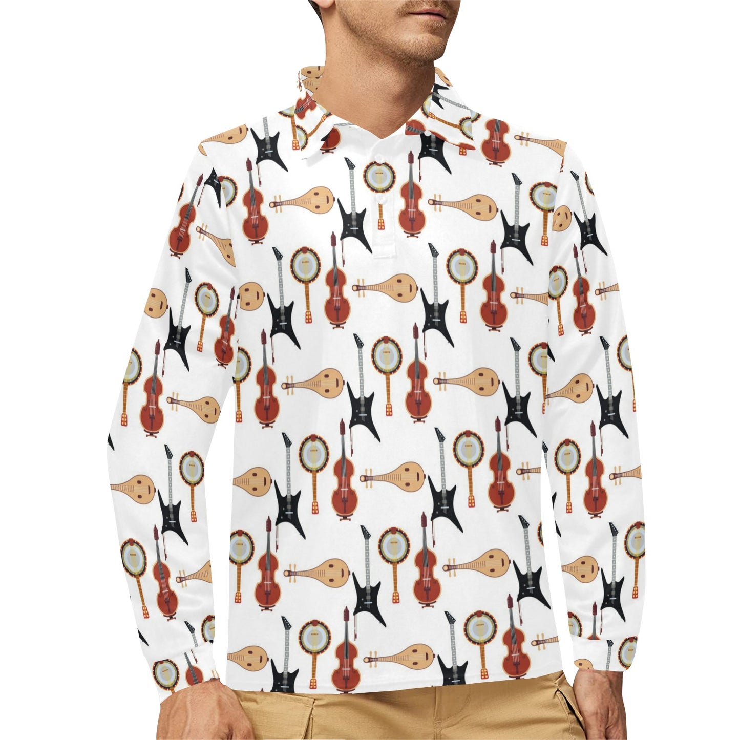 Banjo Print Design LKS403 Long Sleeve Polo Shirt For Men's