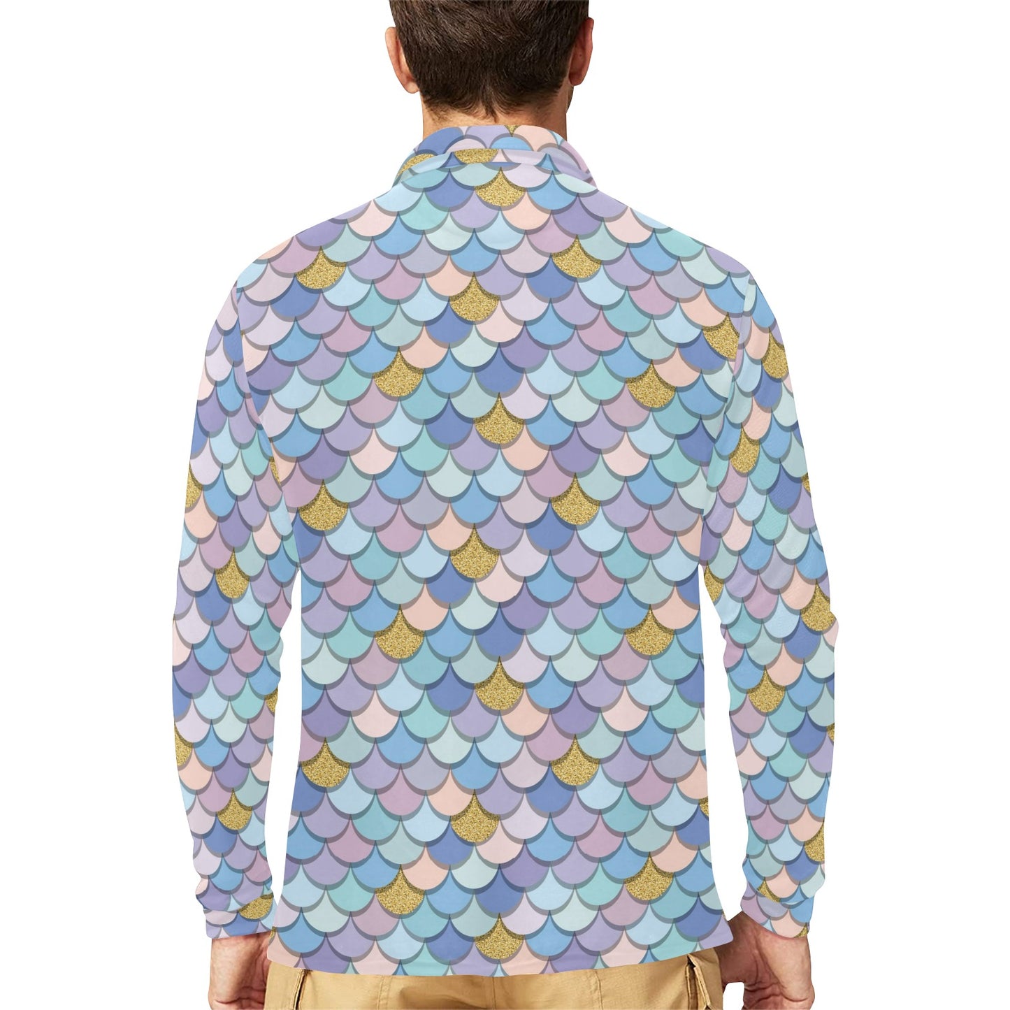 Mermaid Scales Pattern Print Design 05 Long Sleeve Polo Shirt For Men's