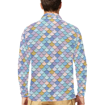 Mermaid Scales Pattern Print Design 05 Long Sleeve Polo Shirt For Men's