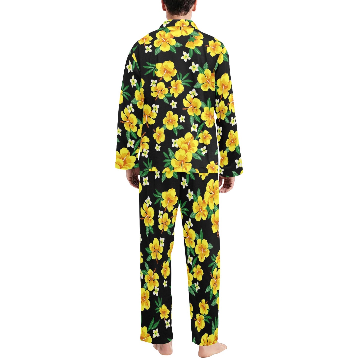 Yellow Hibiscus Pattern Print Design HB08 Men's Long Pajama Set