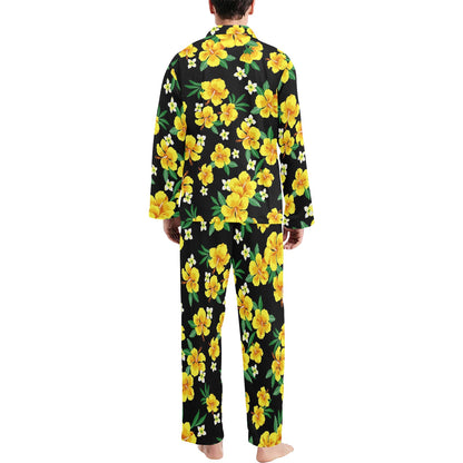 Yellow Hibiscus Pattern Print Design HB08 Men's Long Pajama Set