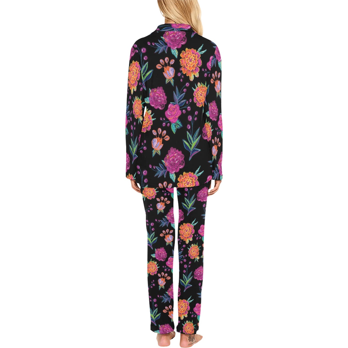 Marigold Pattern Print Design MR02 Women's Long Pajama Set