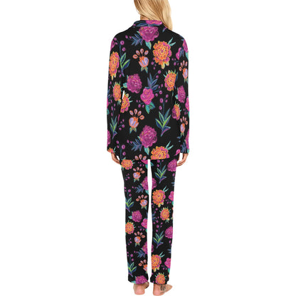 Marigold Pattern Print Design MR02 Women's Long Pajama Set