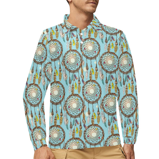Blue Dream catcher Long Sleeve Polo Shirt For Men's