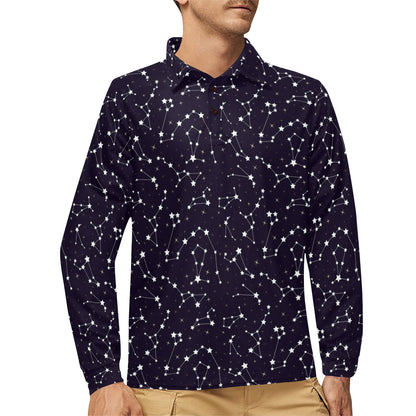 Zodiac Star Pattern Design Print Long Sleeve Polo Shirt For Men's