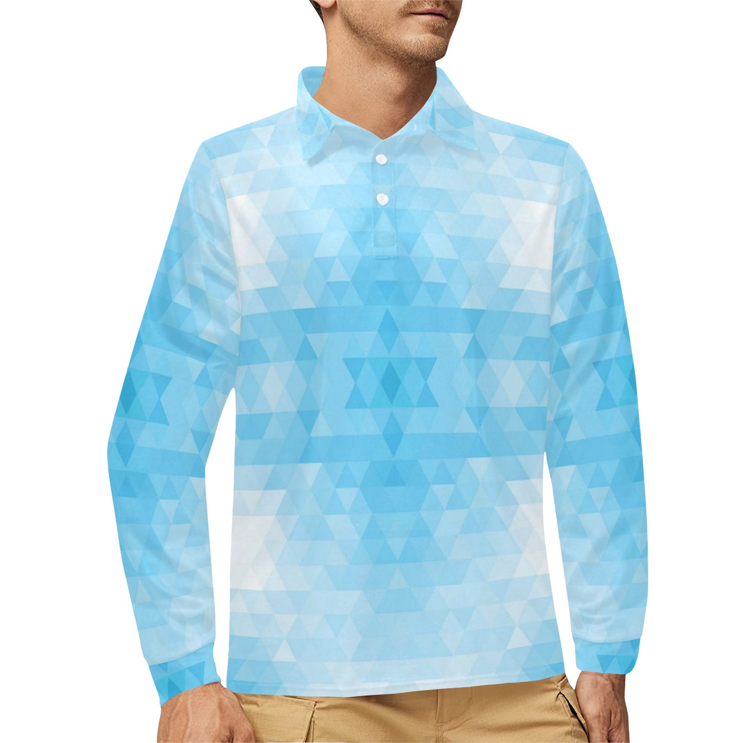 Geometric Blue Pattern Print Design 01 Long Sleeve Polo Shirt For Men's