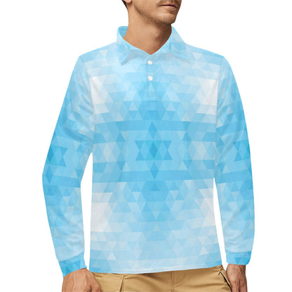 Geometric Blue Pattern Print Design 01 Long Sleeve Polo Shirt For Men's